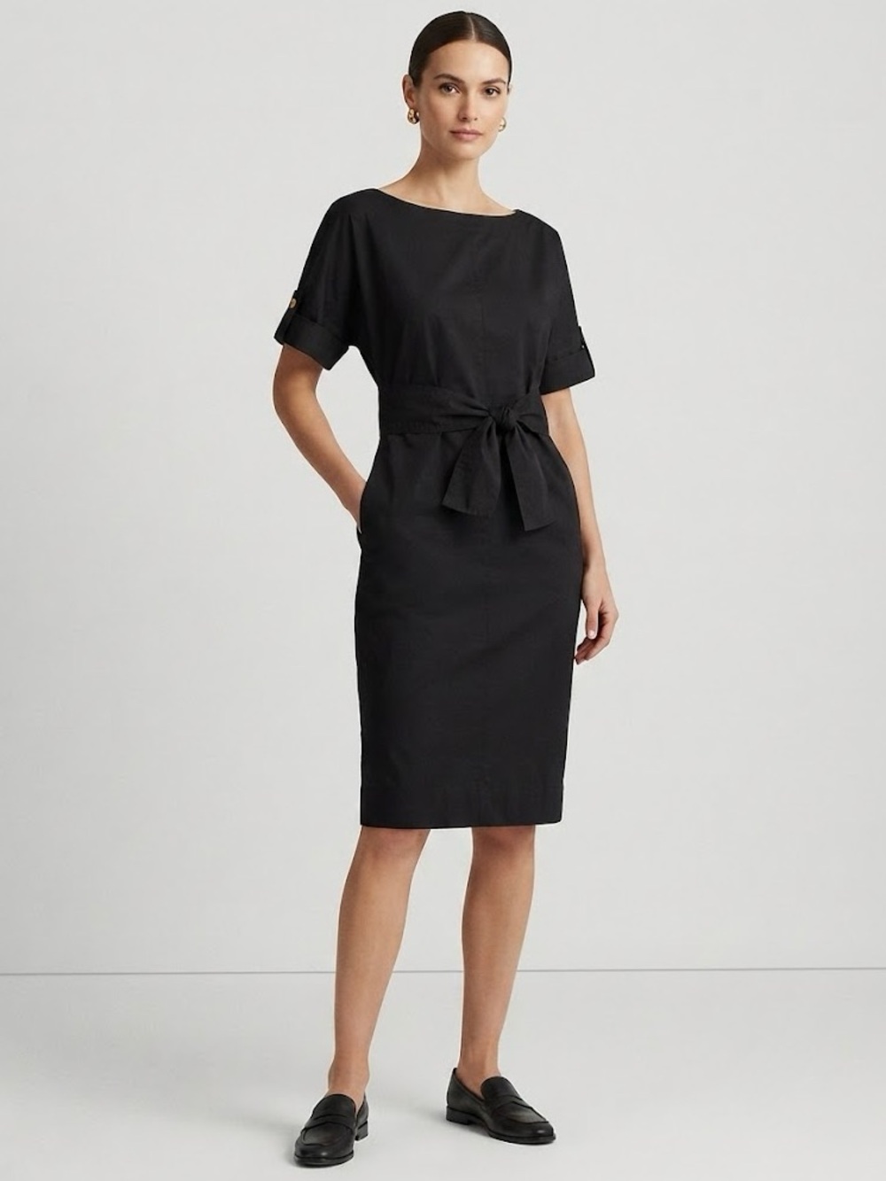 Donna Karan New York Black Cotton Blend Poplin Midi Dress Size S Belted Pockets